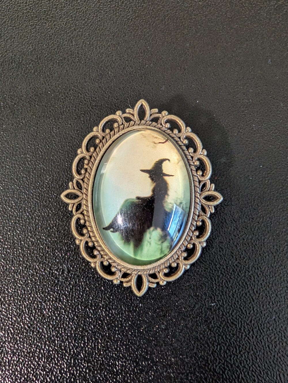 Vintage-Inspired Witch Silhouette Brooch Pin in Gold and Green